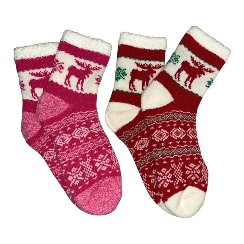2 Pairs Magellan Outdoors Lodge Crew Socks Red Pink Snow Moose Aloe Infused 6-10